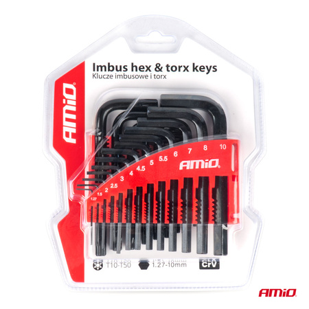 Klucze IMBUS HEX TORX CRV imbusy zestaw czarne 22 szt. AMIO-04297