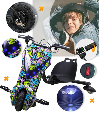 TRÓJKOŁOWY GOKART ELEKTRYCZNY SKUTER POJAZD DESKOROLKA HULAJNOGA DRIFTUJĄCA REGULOWANA LED WYŚWIETLACZ KLAKSON BLUETOOTH DLA DZIECI MŁODZIEŻY