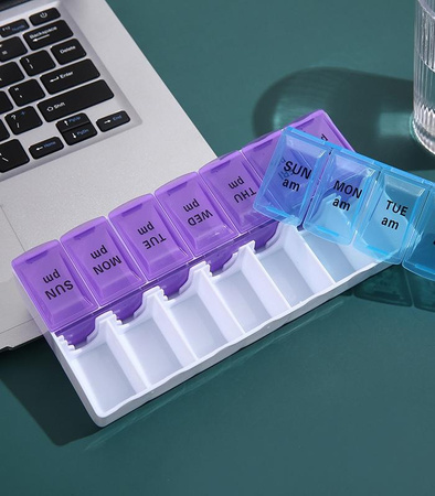 POJEMNIK KASETKA NA LEKI ORGANIZER TYGODNIOWY PLASTIKOWY RANO WIECZÓR ROZKŁADANY 7 DNI TYGODNIA NA LEKI