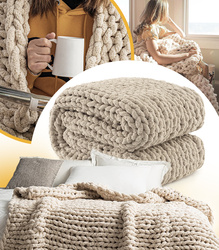 KOC Z DZIANINY 80 X 100 BEŻOWY NARZUTA SZENILOWA PLECIONA MIĘKKA GRUBA OZDOBNA STYLOWA NA SOFĘ ŁÓŻKO FOTEL