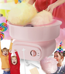 MASZYNA DO WATY CUKROWEJ RÓŻOWA URZĄDZENIE ELEKTRYCZNE DOMOWE DO ROBIENIA WATY DO ZABAWY DLA DZIECI DOROSŁYCH MIARKA PATYCZKI MIESZADŁO NA PRZYJĘCIA IMPREZY