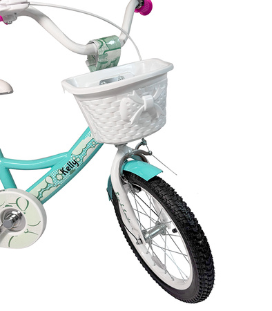 ROWEREK DZIECIĘCY 16 CALI MIĘTOWY DZWONEK HAMULEC KOSZYK BAGAŻNIK KOŁA BOCZNE KOŁA DRĄŻEK DLA DZIECI
