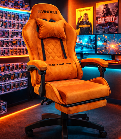FOTEL GAMINGOWY Z PODNÓŻKIEM ZAMSZOWY POMARAŃCZOWY Z CZARNĄ RAMĄ ERGONOMICZNY NOWOCZESNY OBROTOWY WYSOKI METALOWA RAMA DLA GRACZA DZIECI MŁODZIEŻY