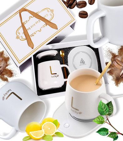 PODGRZEWACZ DO KUBKA ZESTAW CERAMICZY ZASILANY PREZENTOWY ŁYŻKA WIECZKO KUBEK DO HERBATY KAWY