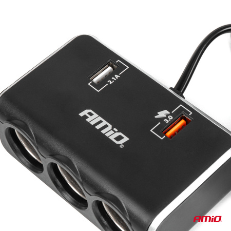 Rozdzielacz gniazda zapalniczki z ładowarką 2x USB-A QC3.0 12V 24V 120W 80cm AMIO-04364