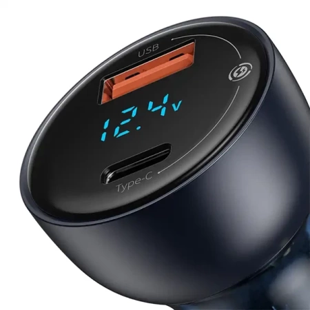 Ładowarka samochodowa Baseus Particular Digital Display z wyświetlaczem, USB + USB-C, QC3.0+PD, 5A, 65W (szara)
