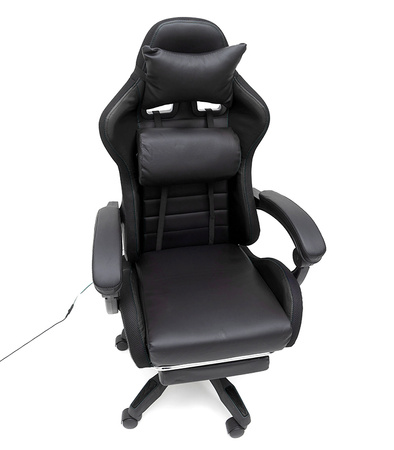 FOTEL GAMINGOWY LED Z PODNÓŻKIEM CZARNY REGULOWANY OBROTOWY NOWOCZESNY PILOT KOLORY RGB  MASAŻER DO GIER DLA GRACZA