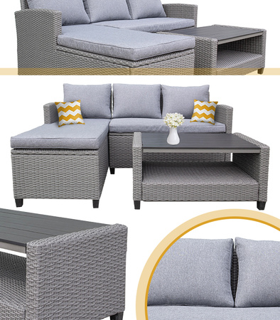 ZESTAW MEBLI OGRODOWYCH TARANTO NAROŻNIK TWORZYWO SZTUCZNE SOLIDNY NOWOCZESNY NA STÓŁ TARAS DO OGRODU