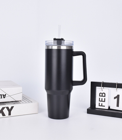KUBEK TERMICZNY TERMOS ZE SŁOMKĄ CZARNY STAL NIERDZEWNA UCHWYT NA CIEPŁE ZIMNE NAPOJE RURKA DUŻY XXL 1200 ML