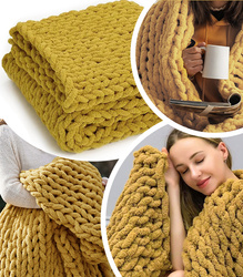 KOC Z DZIANINY 80 X 100 MUSZTARDOWY NARZUTA SZENILOWA PLECIONA MIĘKKA GRUBA OZDOBNA STYLOWA NA SOFĘ ŁÓŻKO FOTEL