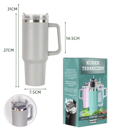 KUBEK TERMICZNY TERMOS ZE SŁOMKĄ SZARY STAL NIERDZEWNA UCHWYT NA CIEPŁE ZIMNE NAPOJE RURKA DUŻY XXL 1200 ML