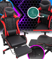 FOTEL GAMINGOWY Z PODNÓŻKIEM CZERWONY KUBEŁKOWY PIKOWANY BIUROWY MASAŻER GRACZA OBROTOWY NOWOCZESNY DLA GRACZA