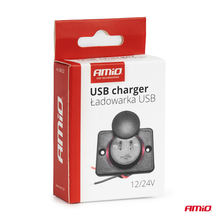 Ładowarka samochodowa z gniazdami USB wodoodporna kwadratowa 2x USB-C 12V 24V AMIO-04232