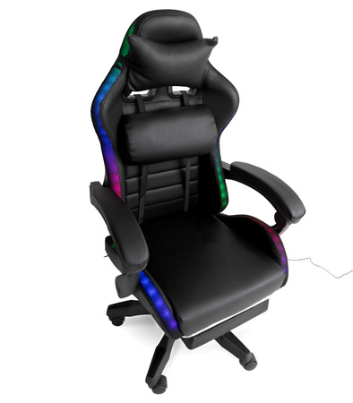 FOTEL GAMINGOWY LED Z PODNÓŻKIEM CZARNY REGULOWANY OBROTOWY NOWOCZESNY PILOT KOLORY RGB  MASAŻER DO GIER DLA GRACZA