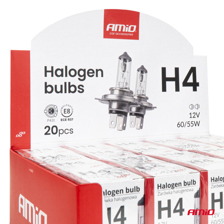 Zestaw żarówek halogenowych H4 12V 60/55W filtr UV (E8) 20szt. AMIO-04401