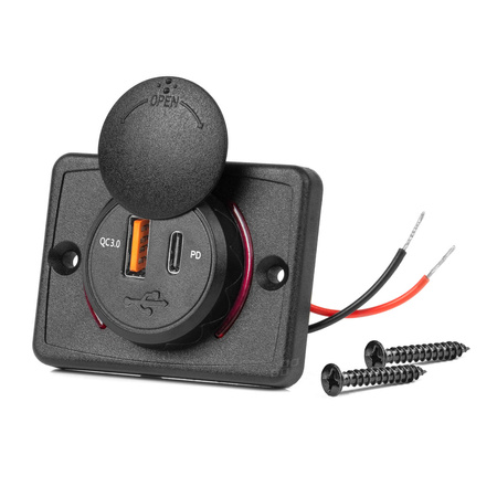Ładowarka samochodowa z gniazdami USB wodoodporna kwadratowa USB + USB-C QC3.0 12V 24V AMIO-04231