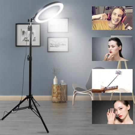 LAMPA PIERŚCIENIOWA STOJĄCA 10" LED 3 TRYBY STATYW PILOT ŁADOWANIE USB RING SELFIE