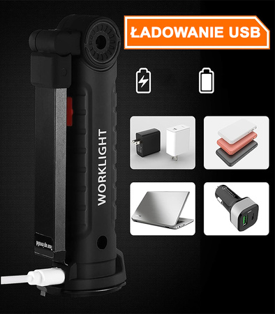 LAMPA WARSZTATOWA GARAŻOWA LED COB MOCNA SKŁADANA 5 TRYBÓW MAGNES HAK AKUMULATOR
