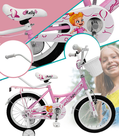 ROWEREK DZIECIĘCY 16 CALI RÓŻOWY DZWONEK HAMULEC KOSZYK BAGAŻNIK KOŁA BOCZNE KOŁA DRĄŻEK DLA DZIECI