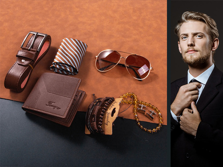 ZESTAW BOX PREZENTOWY MĘSKI PORTFEL PASEK BRĄZOWY OKULARY BRANSOLETKI KRAWAT PREZENT NA ŚWIĘTA