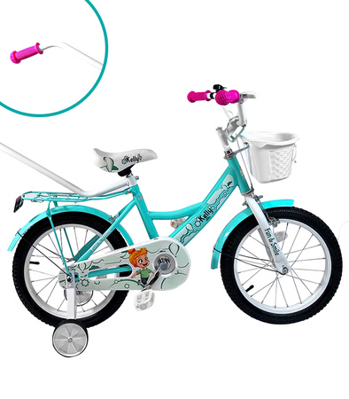 ROWEREK DZIECIĘCY 16 CALI MIĘTOWY DZWONEK HAMULEC KOSZYK BAGAŻNIK KOŁA BOCZNE KOŁA DRĄŻEK DLA DZIECI