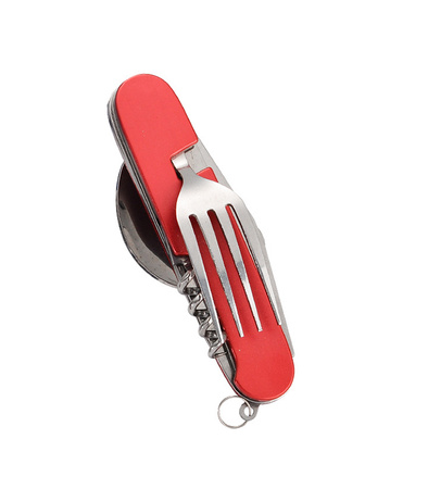 SCYZORYK NÓŻ SKŁADANY WIELOFUNKCYJNY 4W1 ŁYŻKA WIDELEC OTWIERACZ DO BUTELEK KORKOCIĄG NIEZBĘDNIK TURYSTYCZNY CZERWONY