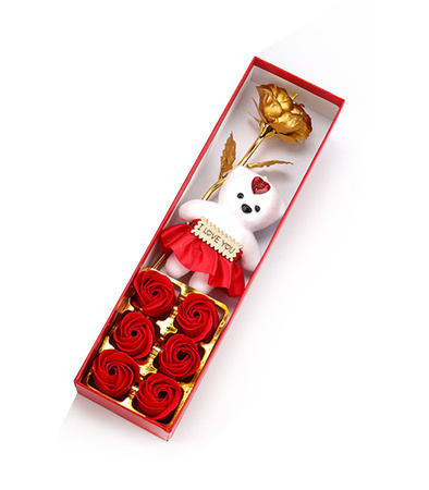 WIECZNA RÓŻA ZŁOTA ZESTAW Z MISIEM I CZERWONYMI MYDEŁKAMI NA WALENTYNKI URODZINY ROCZNICĘ