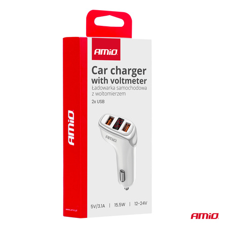 Ładowarka samochodowa 2x USB-A + woltomierz 3.1A AMIO-03887