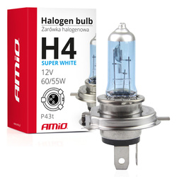 Żarówka halogenowa H4 12V 60/55W filtr UV (E8) Super White AMIO-01269
