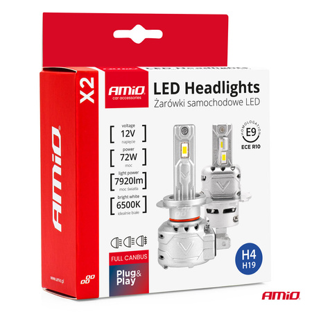 Żarówki samochodowe LED seria X2 H4/H19 6500K Canbus AMIO-02972