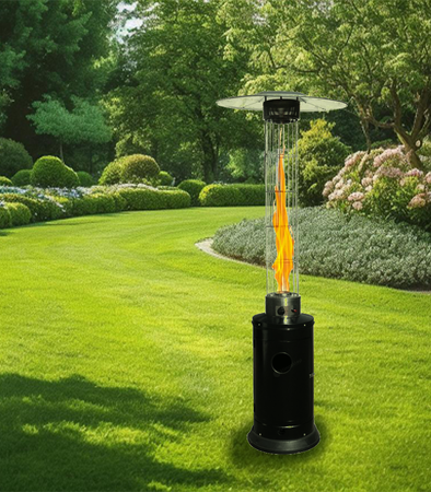 OGRZEWACZ OGRODOWY TARASOWY GAZOWY WYSOKI Z EFEKTEM PŁOMIENIA I OCHRONNĄ OSŁONĄ