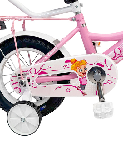 ROWEREK DZIECIĘCY 12 CALI RÓŻOWY DZWONEK HAMULEC KOSZYK BAGAŻNIK KOŁA BOCZNE KOŁA DRĄŻEK DLA DZIECI