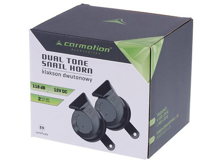 Klakson 12V, 118 dB, dwutonowy, ślimakowy, średnica 80 mm, boczny, homologacja E9, 2 szt.