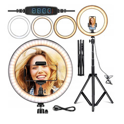 LAMPA PIERŚCIENIOWA STOJĄCA 10" LED 3 TRYBY STATYW PILOT ŁADOWANIE USB RING SELFIE