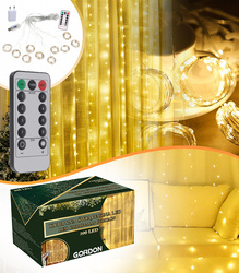 KURTYNA ŚWIETLNA 300 LED 3 X 3 M CIEPŁA BIEL LAMPKI GIRLANDA OZDOBNA ŚWIĄTECZNA DUŻA USB ZASILANIE SIECIOWE DRUCIK HACZYKI PILOT ELEGANCKIE OPAKOWANIE