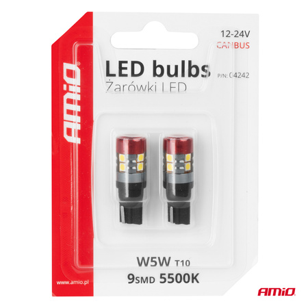 Żarówki LED CANBUS T10 W5W 9 SMD 3030 White 12V 24V AMIO-04242
