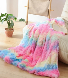 KOC TĘCZOWY 190x200 CM KOCYK WIELOKOLOROWY MIĘKKI PUSZYSTY WŁOCHATY KOC RAINBOW NARZUTA