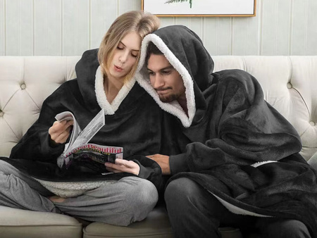 BLUZOKOC CZARNY PONCZO BLUZA Z KAPTUREM KIESZEŃ DŁUGI POLAR OVERSIZE 100% POLIESTER DLA MŁODZIEŻY DOROSŁYCH