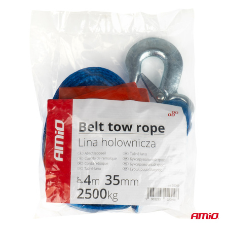Lina holownicza linka do holowania taśmowa 2500 kg 35 mm 4 m hak + hak AMIO-02009
