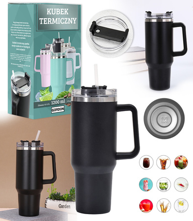 KUBEK TERMICZNY TERMOS ZE SŁOMKĄ CZARNY STAL NIERDZEWNA UCHWYT NA CIEPŁE ZIMNE NAPOJE RURKA DUŻY XXL 1200 ML
