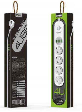 Listwa zasilająca z 4 gniazdami AC, 4x USB, LDNIO SE4432, 2m (biała)