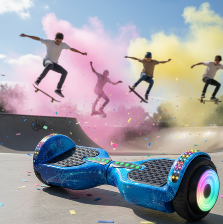 DESKOROLKA ELEKTRYCZNA HOVERBOARD DESKA BLUE STARRY SKY 6,5” DUŻE KOŁA ŚWIECĄCE LED BLUETOOTH MUZYKA DLA DZIECI MŁODZIEŻY DOROSŁYCH