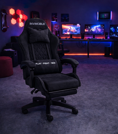 FOTEL GAMINGOWY CZARNY ZAMSZOWY Z PODNÓŻKIEM BIUROWY WYSOKI REGULOWANY ERGONOMYCZNY NOWOCZESNY OBROTOWY METALOWA RAMA DLA GRACZA DZIECI MŁODZIEŻY