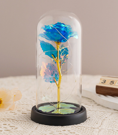 WIECZNA RÓŻA LED W SZKLE NIEBIESKA OZDOBNE PUDEŁKO NA PREZENT