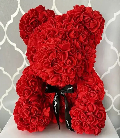 MIŚ Z RÓŻ 40 CM ROSE BEAR Z PŁATKÓW RÓŻ KOKARDA PUDEŁKO NA PREZENT