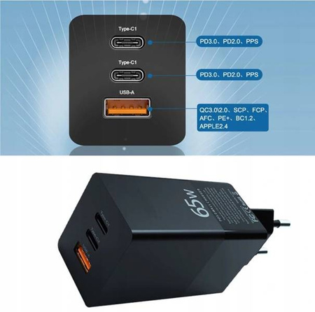 Szybka ładowarka zasilacz 3xUSB 65W QC3.0+ PD3 PPS