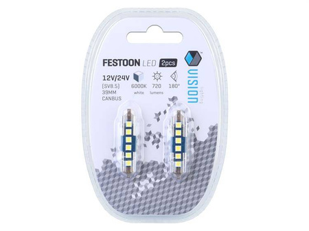 Żarówka VISION Festoon SV8.5 39mm 12/24V 6x 3030 SMD LED, nonpolar, CANBUS, biała, 2 szt.
