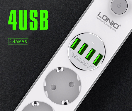 Listwa zasilająca z 4 gniazdami AC, 4x USB, LDNIO SE4432, 2m (biała)