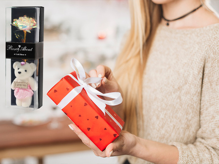 WIECZNA RÓŻA BIAŁA LED ZESTAW Z MISIEM NA WALENTYNKI URODZINY ROCZNICĘ