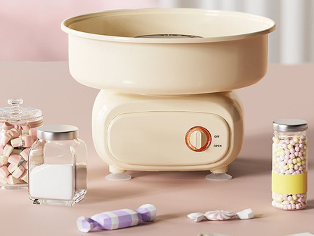 MASZYNA DO WATY CUKROWEJ ŻÓŁTA URZĄDZENIE ELEKTRYCZNE DOMOWE DO ROBIENIA WATY DO ZABAWY DLA DZIECI DOROSŁYCH MIARKA PATYCZKI MIESZADŁO NA PRZYJĘCIA IMPREZY